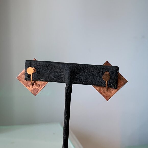 Vintage Abstract Midcentury Copper Earrings Purple Splatter Paint - Picture 3 of 7